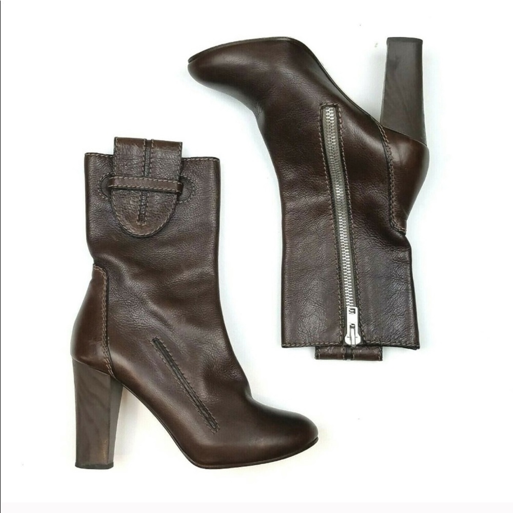 Chloe Brown Leather Mid Calf Heel Boots